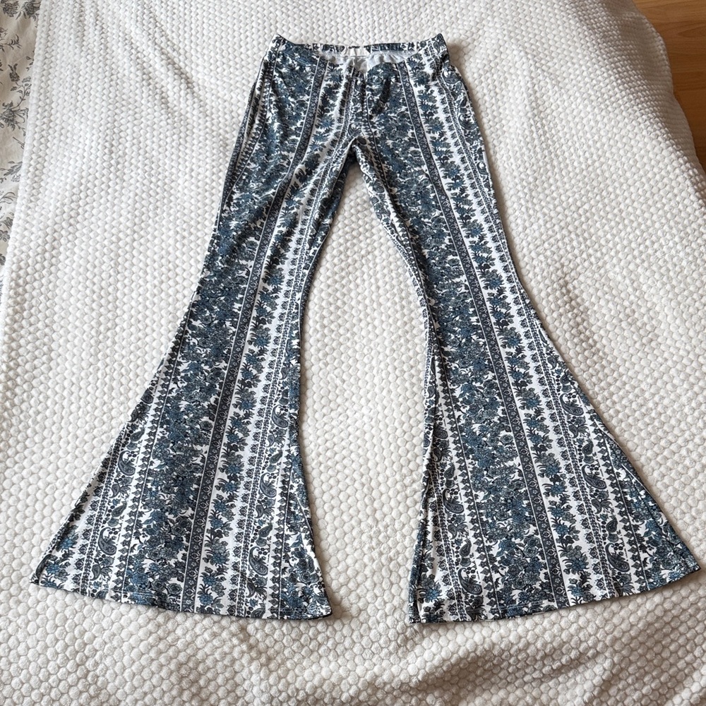 Boho Flare Pants in Blue and White